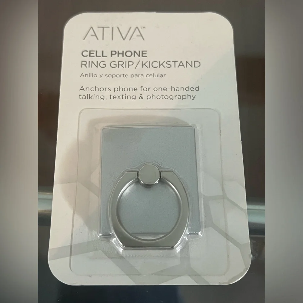 Ativa Cell Phone Ring/kick stand, reusable adhesive backing, silver toned